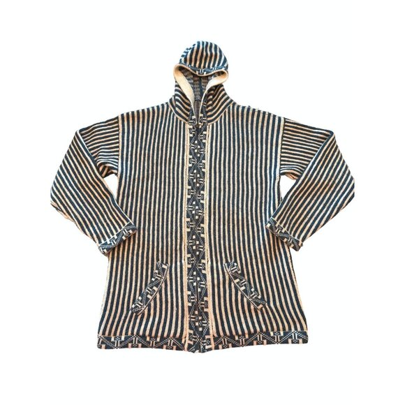 CCC Handcrafted Alpaca Striped Hooded Baja Sweater Jacket Size Large - Picture 3 of 9